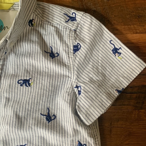 4-5 Mini Boden Blue Striped Monkey Button Down Shirt - Picture 4 of 11